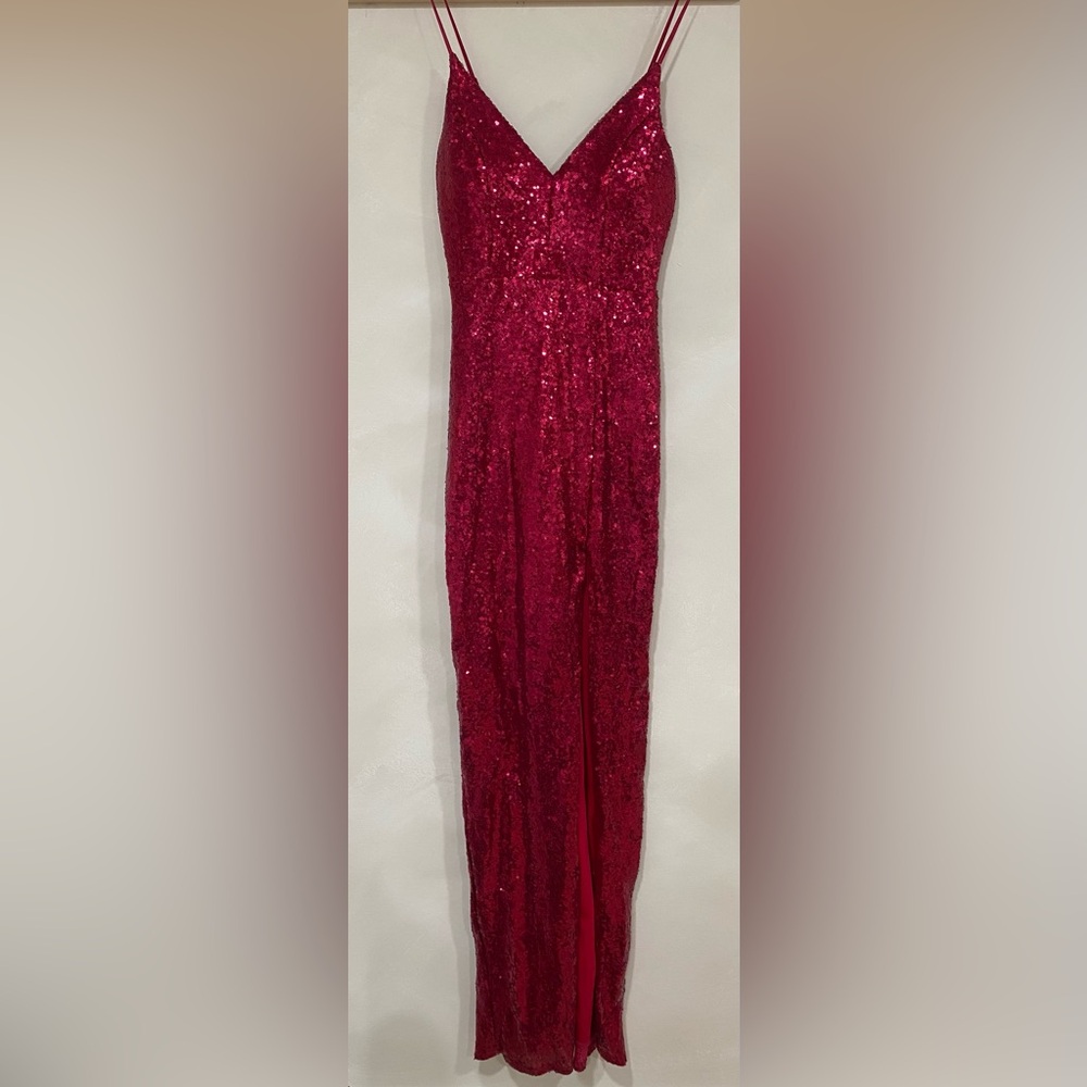 Love, Nickie Lew Magenta Sequin V-Neck Gown High Slit Spaghetti Straps Small